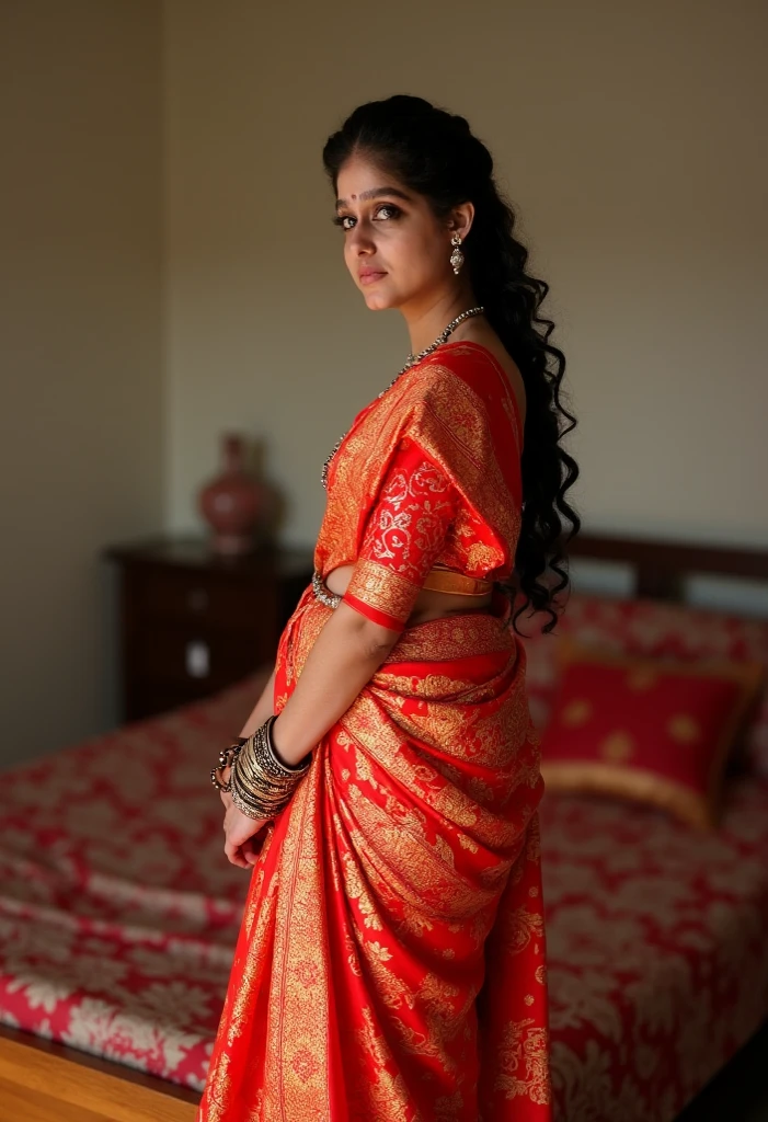 slim skinny 21 year old girls bodies , 3 south indian woman,fullside view, standing in bedroom, wearing navel chain, sexy blouses, breasts, different colour sarees, fit and curvy body, sleeveless blouse, costly room, bangles in hand, bindi in forehead, 8k , intricate details, broad behinds
