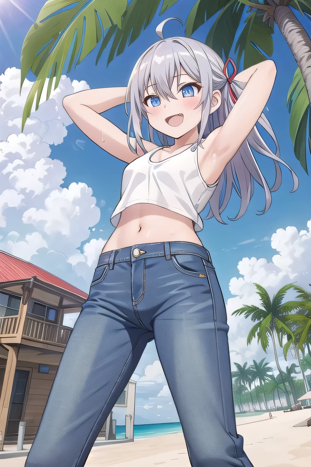 masterpiece,best quality,ultra detail,1girl, ****, ***ite, ((round face, ecstasy, orgasm face, drooping eyes, shame smiling, blush)), dropping eyes, sleepy, background((under the beach, (day:1.2), palm tree, bright sky)), Alisa Mikhailovna Kujou, ahoge, long hair, grey hair, hair intakes, hair ribbon,red ribbon, sidelocks, hair between eyes,parted bangs, blue eyes, arms behind head, contrapposto, spread armpits, looking at viewer,, (white tank top:1.2), (white crop top:1.2), (jeans pants:1.2, flares jeans:1.2, skinny jeans:1.2, blue jeans:1.2), standing, (legs spread:1.2), sex pose, Sweaty crotch, Steam from the crotch, from below, full medium body