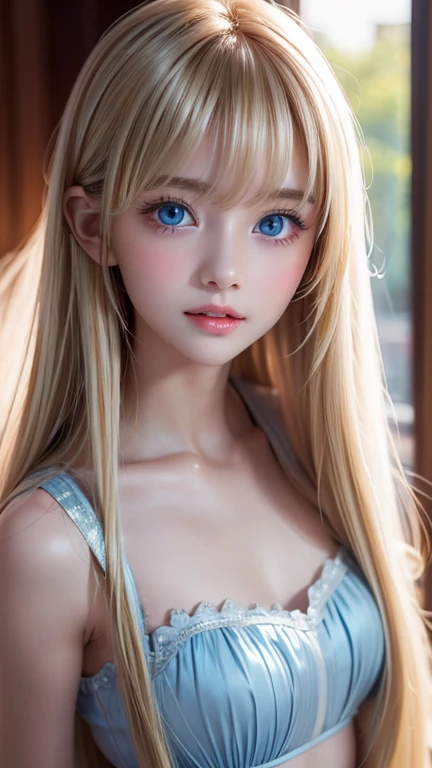 White skin, bright and beautiful, blonde hair color changes with the light, long bangs block the view, cheek glow highlights, beautiful face, boobs, cute, posing, sexy and very beautiful, full body, babydoll, the most beautiful face in the world, super long and beautiful spare blonde hair, straight and straight hair、Big bright light blue eyes、Beautiful bangs、Beautiful and cute 16-year-old girl