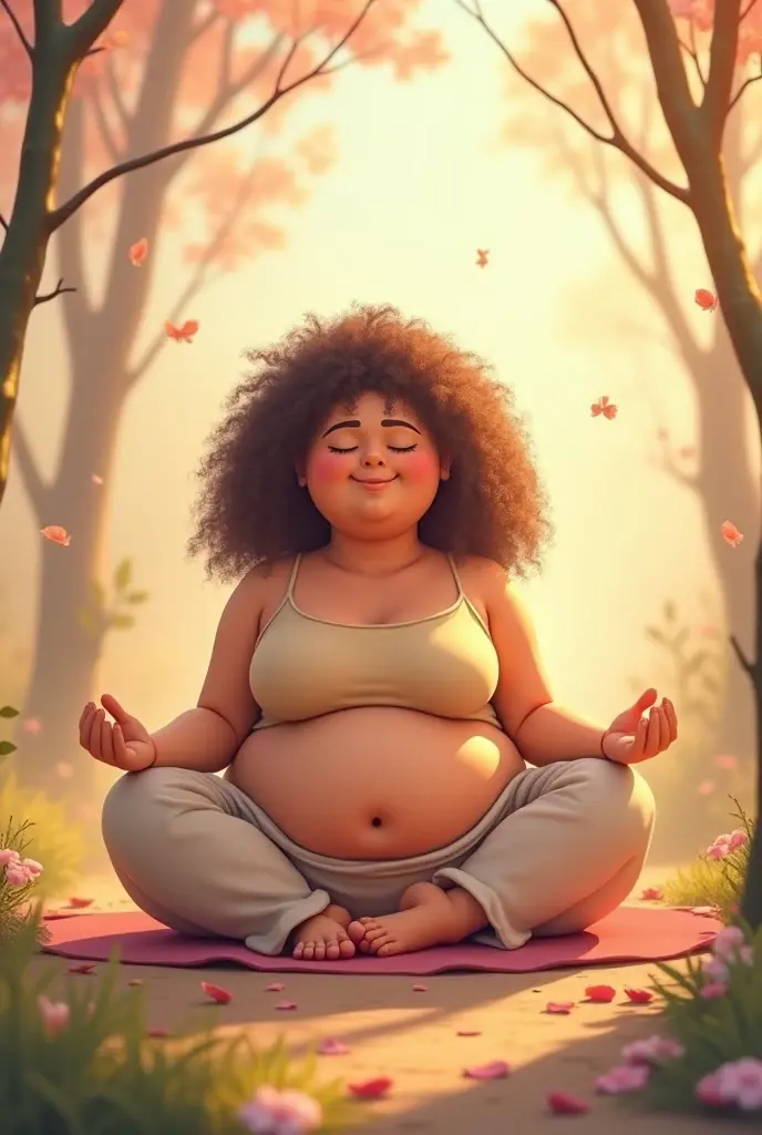 A chubby curly-haired lady, doing yoga in the Buddha position Please make it in a very tender animation