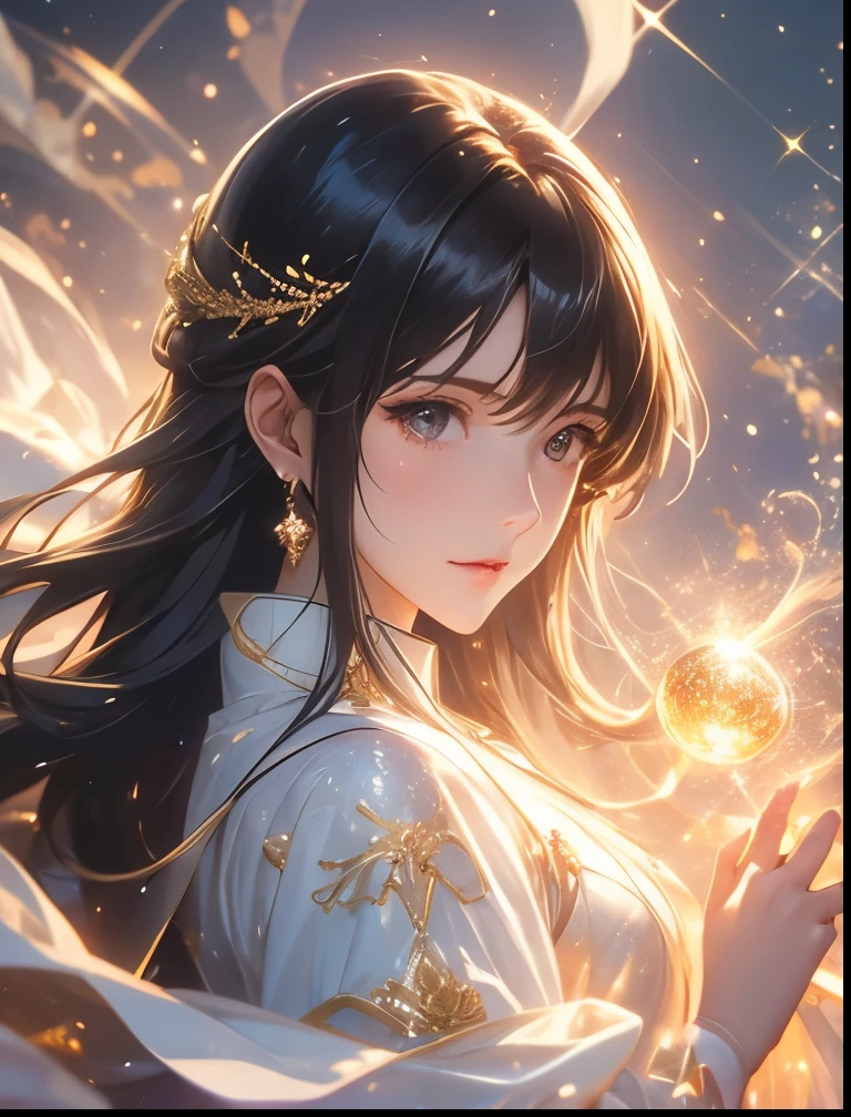 (((SFW、Precision、Highest quality、A first-class masterpiece、Normal body、8k、 Detailed Face 、Ultra-precision、 Normal hand、5refer to、Highest)))、Takanashi Sei、Sei-takanashi 、 “The magic power of a saint is omnipotent"、"The Saint's Magic Power is Omnipotent"、 black hair、 long hair、Beauty、clear、 white dress 、Red Dharma 、Pharmacist、 Platinum Magic Light、golden magic particle、Overall view