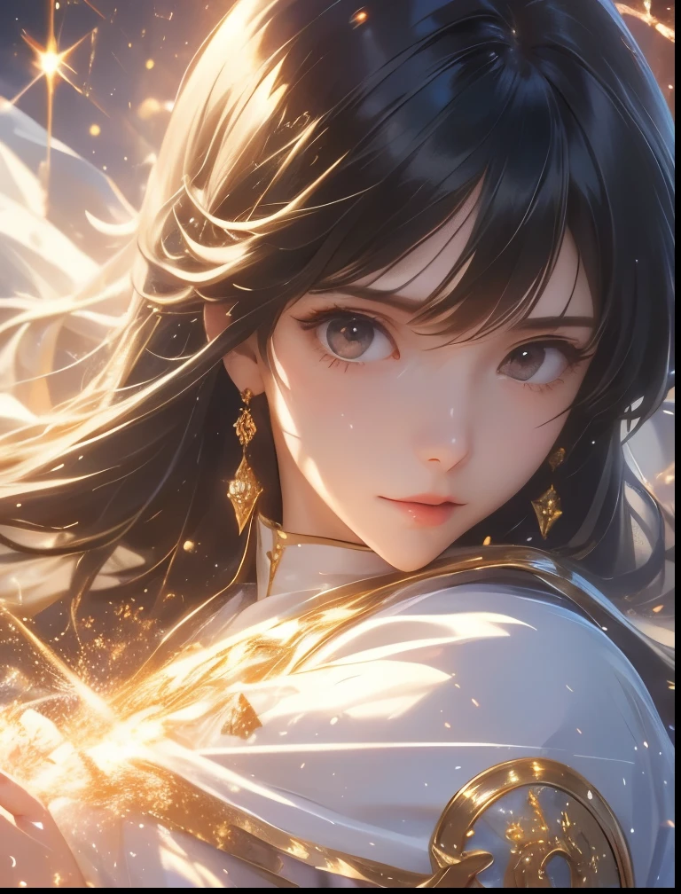 （（（ＳＦＷ、Precision、Highest quality、A first-class masterpiece、Normal body、8k、  Detailed Face 、Ultra-precision、 Normal hand、５refer to、Highest）））、Takanashi Sei、Sei-takanashi 、 “The magic power of a saint is omnipotent"、"The Saint's Magic Power is Omnipotent"、 black hair、 long hair、Beauty、clear、 white dress 、Red Dharma 、Pharmacist、 Platinum Magic Light、golden magic particle、Overall view、front