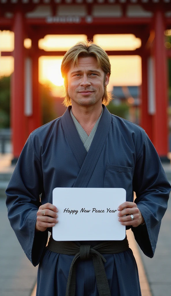  Front view,  60-age, Brad Pitt , (blond  hair, shirt hair, smile),traditional samurai wearing a Indigo blue haori and hakama, black width Obi, (White board hold both hands, writing word "Happy New Peace Year" front Shinto shrine, The Road of Light , sunrise, (super detail, high details, high quality, accurate, anatomically correct, textured skin, beautiful fingers super detail, high details, high quality, best quality)