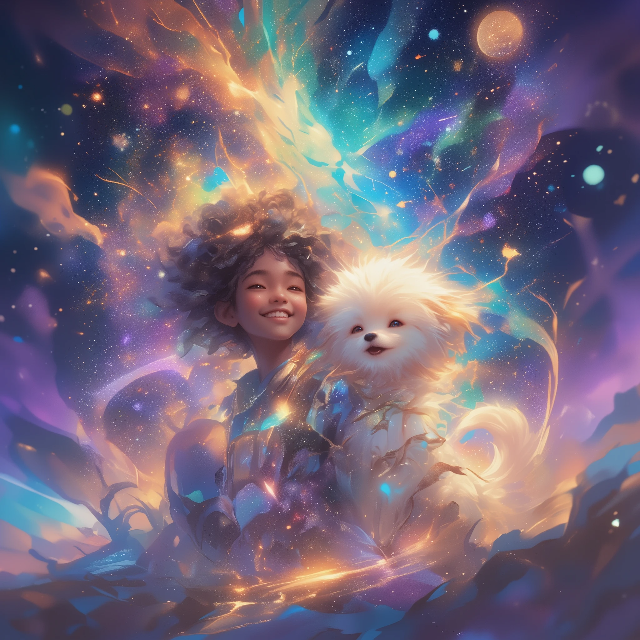 {Cute white puppy laughing happily beside a cute black boy who is smiling}, Grunge, depth, Photorealistic, Psychedelic, A cosmic dreamscape with swirling galaxies, bright star clusters, and otherworldly purple and blue hues.