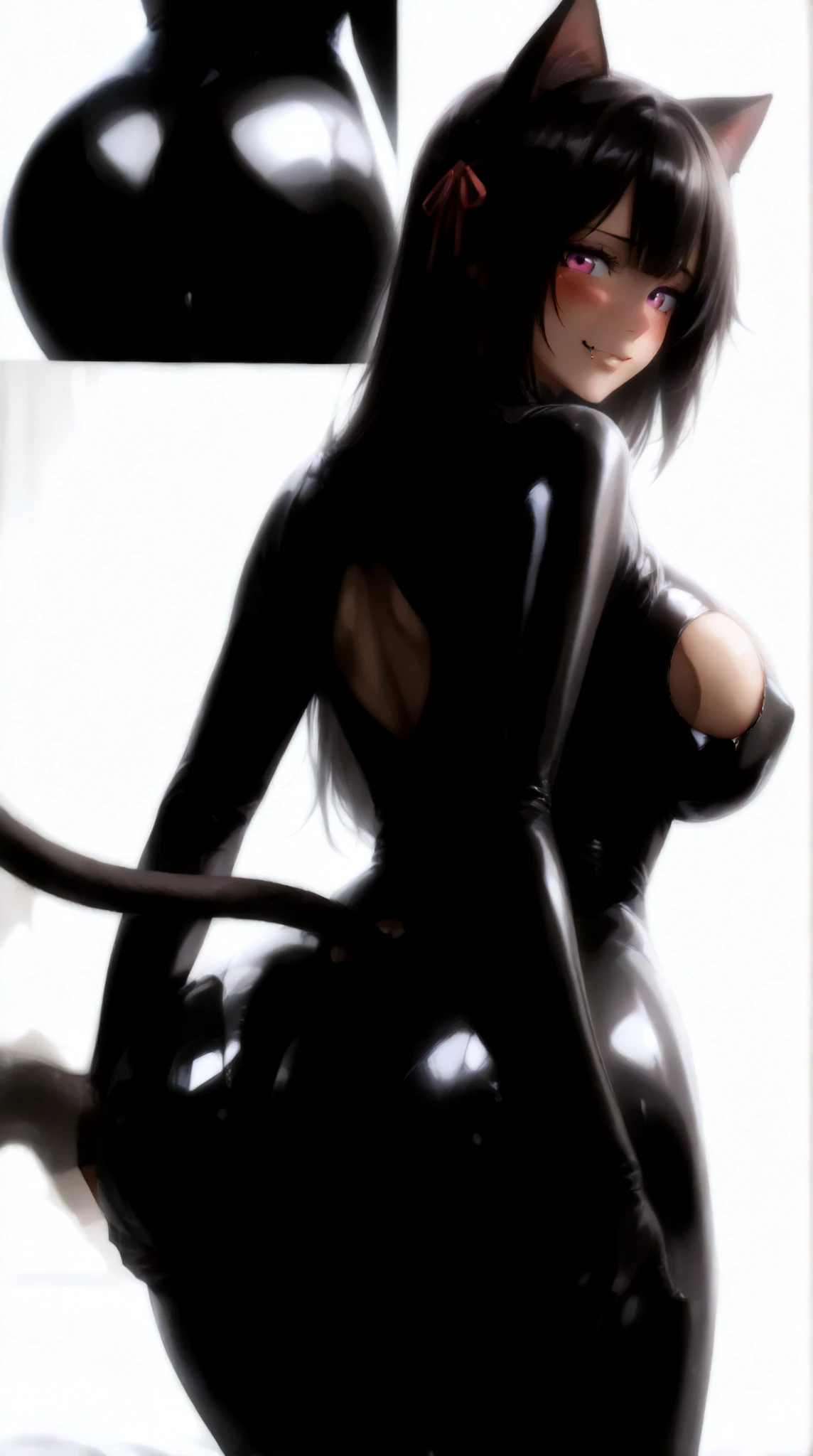 High Resolution, Masterpiece, Accurate, Award Winning, Best Quality, Detail, HD, High Quality, High Details, Quality, Super Detailed, 1girl, High Resolution, Solo, dark skin colour, smooth and oily skin, anime wifu wearing a shiny black latex bodysuit, skin tightening latex bodysuit, glossy black latex bodysuit, exposed chest area, larger sagging bulging breast, plumped breast, soft skins, shiny skin, exposed breast, Long Hair, Bangs, black Hair, Looking at viewer, Smile, Blush, Hair Ribbon, Fang, Cat Ears, Pink Eyes, Embarrassed, detailed face, beautiful eyes, beautiful facial features, sexy looking face, highly detailed facial expressions, sexy body, thick thighs and thin waist, Cat tail, larger butt, shiny ass, heavenly ass, curvy body, all four on bed arched back, lifting her ass up, close up, back view, looking at viewers, elegant smile on her face,
