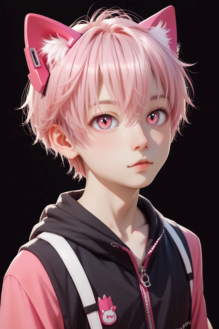 Young boy, black sleeveless hoodie with zipper, headphone, sporty, pink hair, young pink eyes, detailed eyes, anime, cat ear, SDXL (1:2), detailed, HD