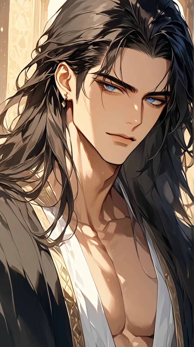 (masterpiece, best quality:1.2), 1male, solo, wei wuxian, mo dao zu shi, mdzs, grey eyes, long black hair, perfect anatomy, nudity, nude, pervert, grin