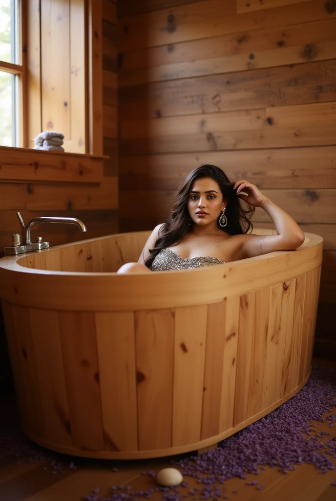 "A indian woman soaking in a large wooden bathtub in a rustic spa-like bathroom. , which is scattered with lavender petals. The warm, earthy tones of the wooden walls and floors complement her glowing skin. The soft ambient lighting creates a calm, sensual mood, while a nearby window lets in a sliver of moonlight