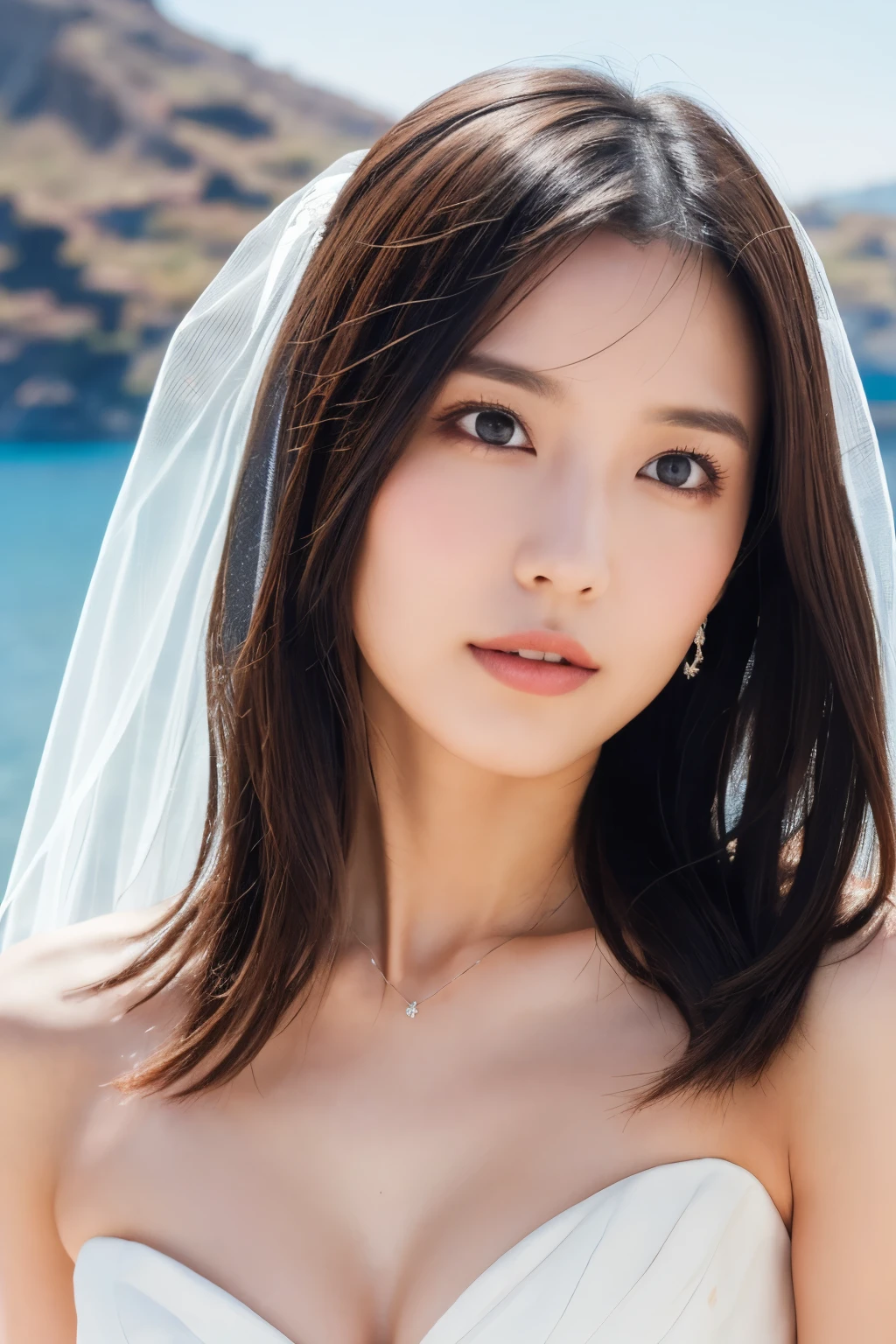 1 girl, ( wear a wedding dress:1.2), (Veil), very beautiful Japanese idol portrait, ( lying down ),
( RAW photos, top quality ), ( realistic, realistic:1.4), (masterpiece),
very delicate and beautiful , very detailed, 2k wallpaper, amazing on the beach, finely, very detailed CG Unity 8K wallpaper, very detailed, high resolution, Soft light,
girl with beautiful details wearing a navy blue blouse, very detailed目と顔, beautiful and sophisticated nose , beautiful beautiful eyes under the sun, movie lighting,
(Santorini church ), (bell), (Aegean Sea),
Perfect Anatomy , slender body, ( small breasts), (A shy smile:0.8), whole body