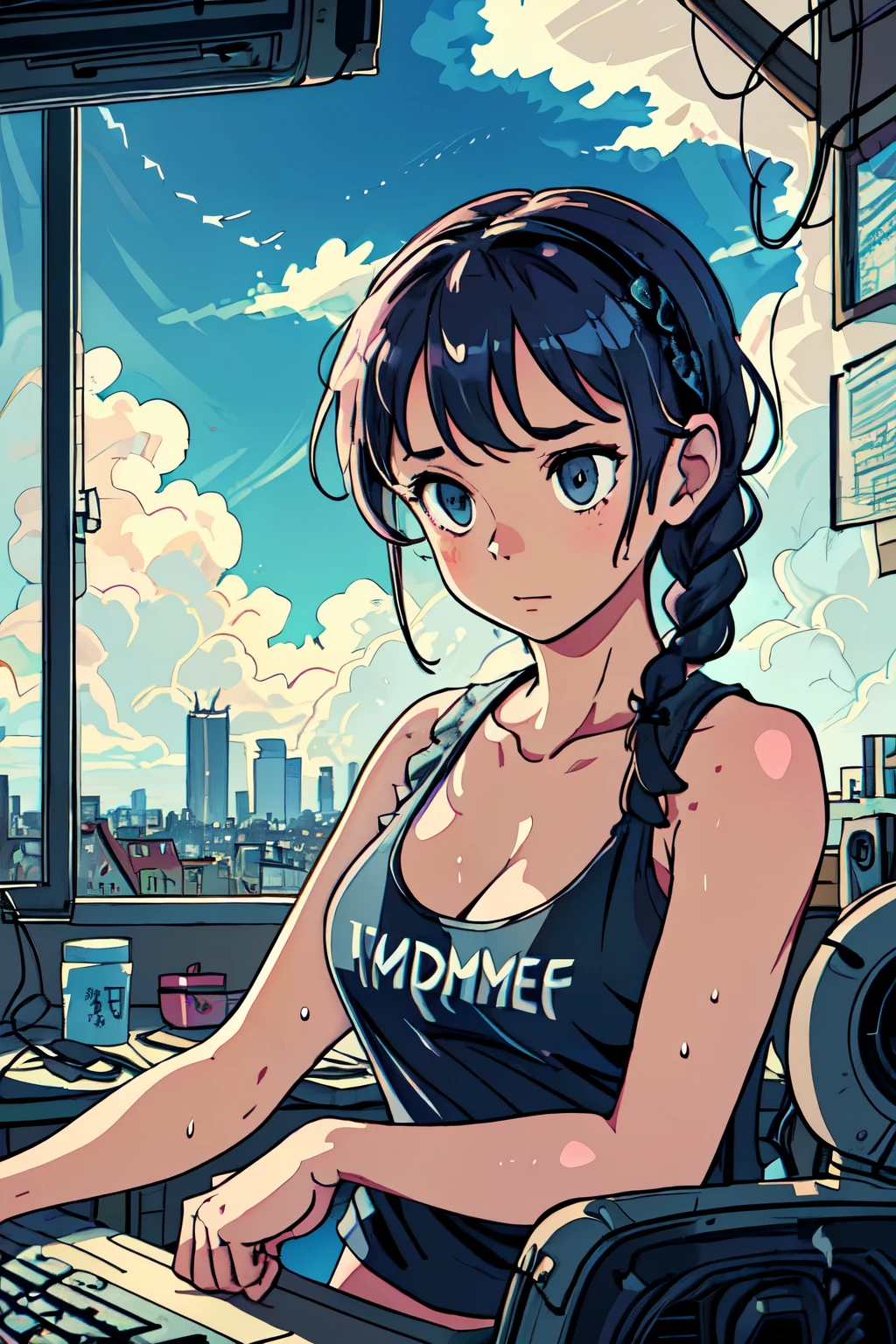 best quality, masterpiece, 1girl, braids hair with bangs, (medium breast, cleavage:1.2), (tank top, panty:1.3), head phone, ((wet skin)), (messy computer room:1.1), ((midsummer at daytime, clouds)), cityscape