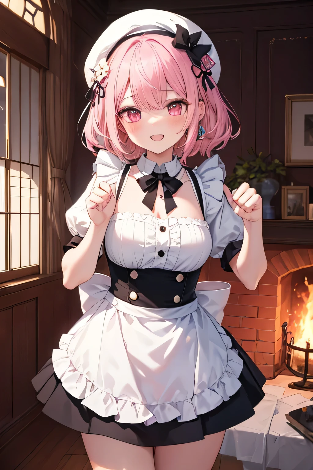 score_9, score_8_up, score_7_up, source_anime, 1girl, pink hair, pink eyes, pigtails, cat ears, small breasts, eyeglasses, micro bikini maid, headdress, blouse, skirt, apron, areola, cheeky face, light smile, private room, mansion,
