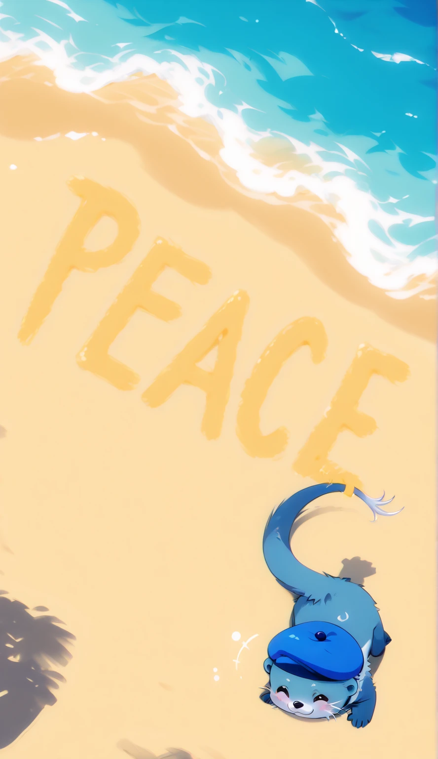 A cartoon style illustration of a sea otter (blue fur, adorable, mischievous smile, deep blue beret hat with blue and white wavy patterns, tail with a colorful tip) writing the word "PEACE" across the beach using its tail. top down view.