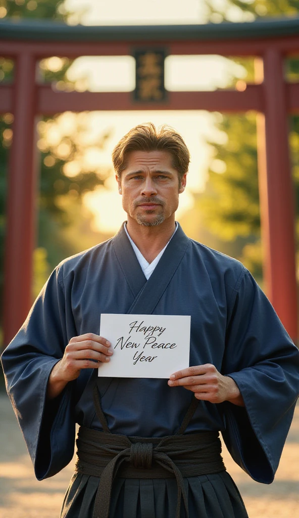  Front view,  60-age, Brad Pitt , (blond  hair, shirt hair, smile),traditional samurai wearing a Indigo blue haori and hakama, black width Obi bind  back , (White board hold both hands, writing word "Happy New Peace Year" front Shinto shrine, The Road of Light , sunrise, (super detail, high details, high quality, accurate, anatomically correct, textured skin, beautiful fingers super detail, high details, high quality, best quality)