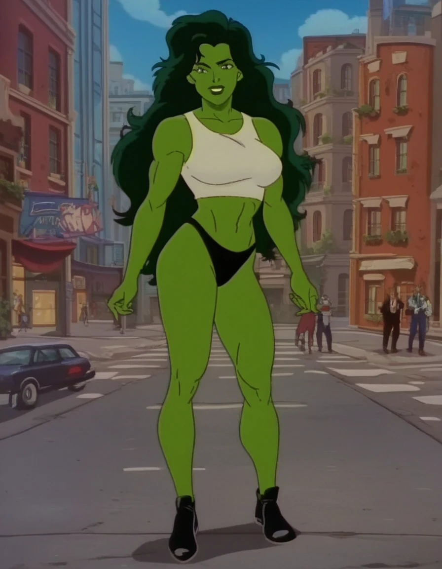((masterpiece,best quality)), absurdres, <lora:Desiree_Danny_Phantom:0.9>, Desiree_Danny_Phantom, solo, hair over one eye, smiling, looking at viewer, cowboy shot, cinematic composition, dynamic pose, super crown, red eyes, green skin, a scene involving one (mesogts) woman, (minigts), thick thighs, thick waist, (gigantic breasts), looking at viewer, leaning against second floor balcony outside house, outside, solo, car, sidewalk, road, torn clothes, yard, trees, outside a two story home, shiplap siding, blue house with white trim, gable roof, shingles, brick walkway, garden, flowers