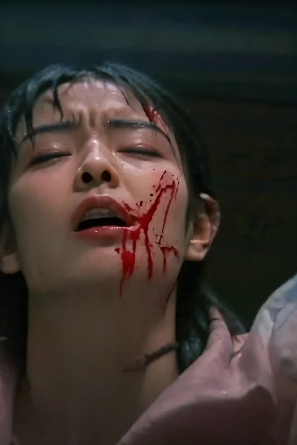 lost in a battle against a strong enemy, Unconscious, blood from mouth, my clothes are torn and I can see my chest and nipples, torn clothes, belly, cuts, imminent rape, high image quality, expression of agony, and his eyes are closed, seems to be in pain, Looks painful, defeated,