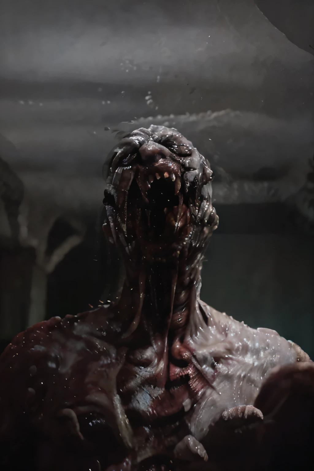 there is a creepy looking creature with blood on its face, detailed 4k horror artwork, zombie in horror concept art, resident evil virus concept art, horror!! highly detailed, horror concept art, highly detailed horror, horror cgi 4 k, creepy mutant flesh creature, hyperrealistic nightmare scene, photorealistic horror, photorealistic dark concept art, zombie from doom eternal