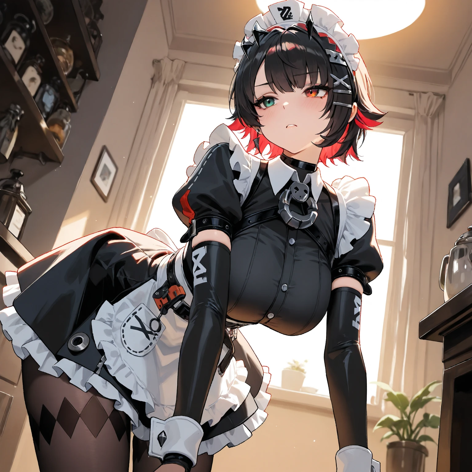 (zenless zone zero), \(ellen joe\), from below, cowboy shot, bent over, very cute face, maid costume, android girl, heterochromia, Disgustful expression, joint, headdresses, apron, No.25 number ethereal tattoo, (best quality,4k,8k,highres,masterpiece:1.2),ultra-detailed,intricate details, high fashion, dramatic lighting, warm colors, chiaroscuro