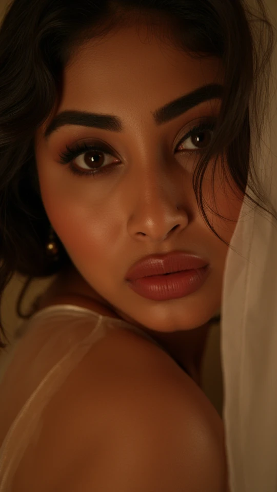 a beautiful indian woman, detailed face, alluring expression, slightly open mouth, kajal in eyes, nose ring, wearing transparent nighty, (best quality,4k,8k,highres,masterpiece:1.2),ultra-detailed,(realistic,photorealistic,photo-realistic:1.37),portrait,dramatic lighting,cinematic,warm color tones