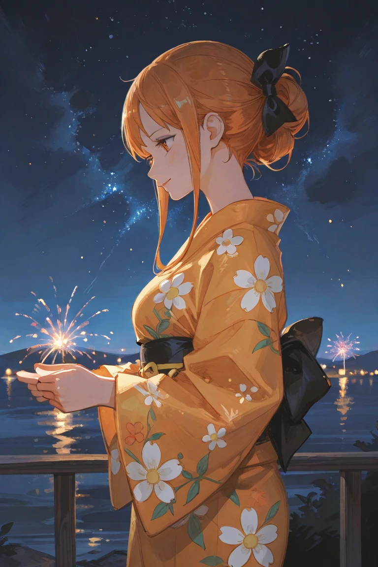 score_9, score_8_up, score_7_up,source_anime,BREAK, masterpiece, best quality, very aesthetic, absurdres, high score, great score, faux traditional media, watercolor, painterly, 1girl, solo, nami(one piece), sky, night, orange yukata, bow, hair bow, long sleeves, sidelocks, star \(sky\), from side, blush, night sky, glowing, outdoors, black bow, profile, watching the stars, cute smile, starry night, lights particles, fireworks
