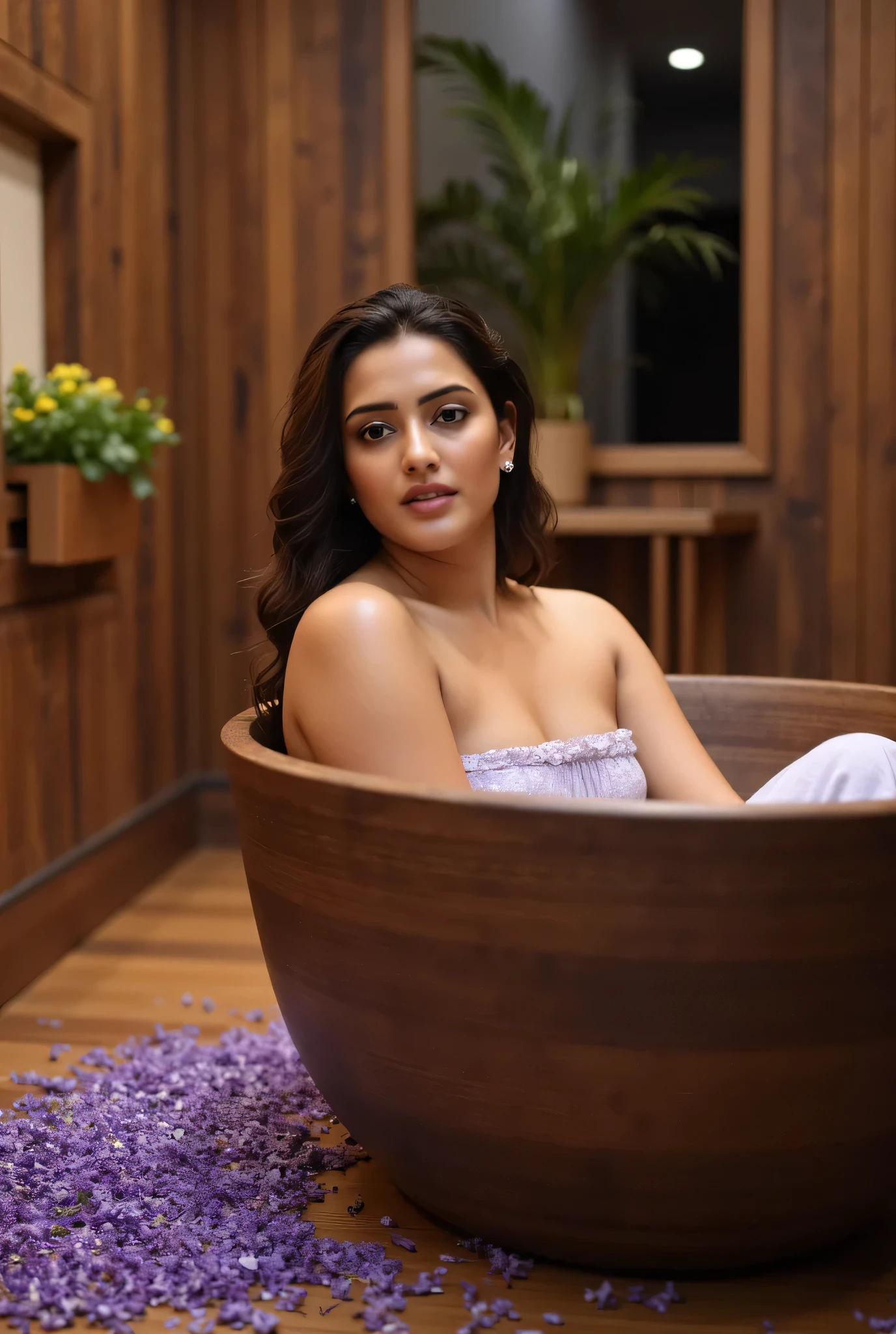 "A indian woman soaking in a large wooden bathtub in a rustic spa-like bathroom. , which is scattered with lavender petals. The warm, earthy tones of the wooden walls and floors complement her glowing skin. The soft ambient lighting creates a calm, sensual mood, while a nearby window lets in a sliver of moonlight