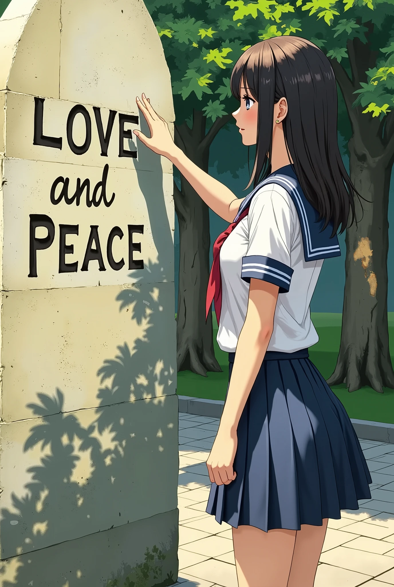 ((\Wishing wall with the words “Love and Peace” on it)). ((1girl))、Stone monument of love and peace、cowboy shot,High school girl touching a monolith in the schoolyard,monolith  inscribed with the words 「Love and Peace」. short sleeve sailor suit ,JK, Anime Illustration 、hand,profile、movie-like scene、 sunlight filtering through the trees