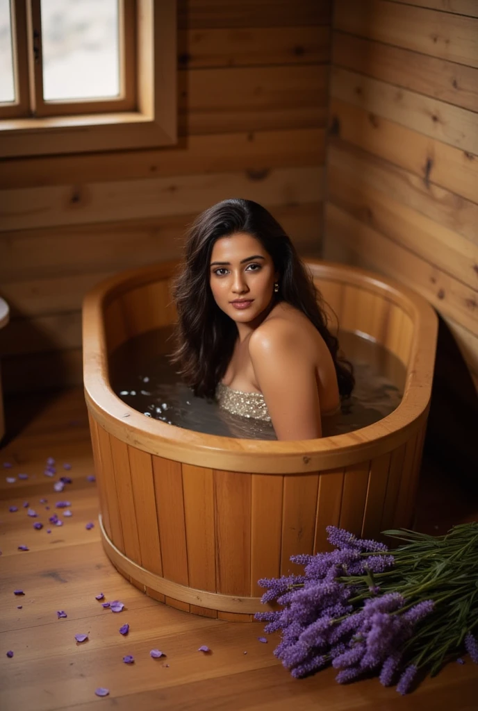 "A indian woman soaking in a large wooden bathtub in a rustic spa-like bathroom. , which is scattered with lavender petals. The warm, earthy tones of the wooden walls and floors complement her glowing skin. The soft ambient lighting creates a calm, sensual mood, while a nearby window lets in a sliver of moonlight