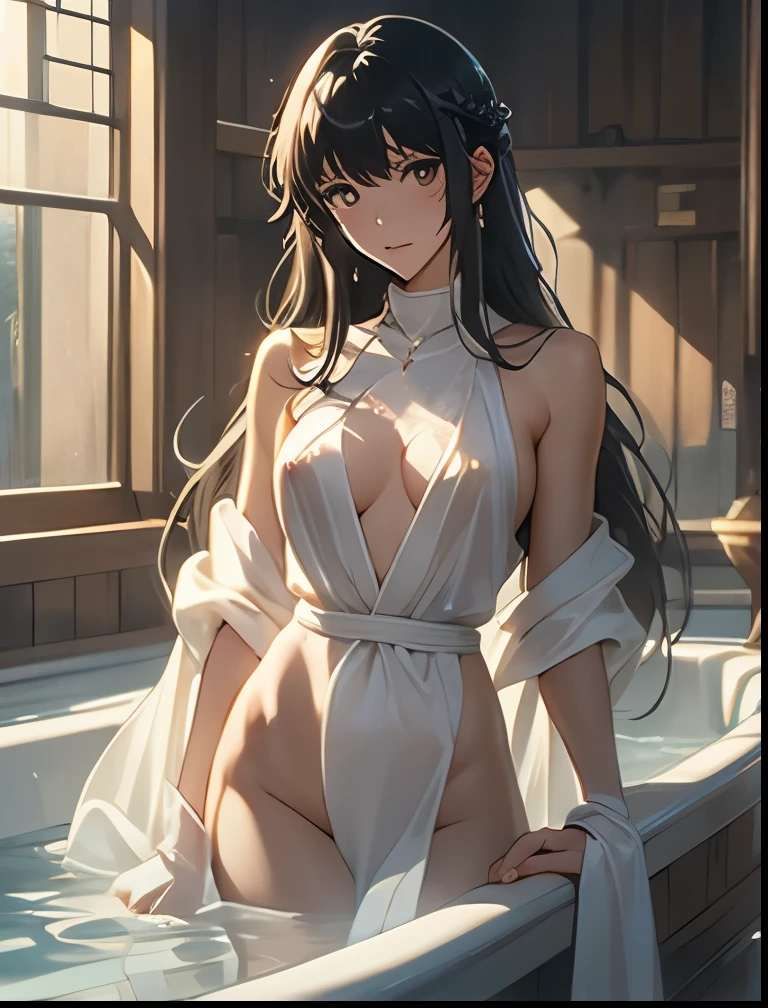 (((SFW、Precision、Highest quality、A first-class masterpiece、Normal body、8k、 Detailed Face 、Ultra-precision、 Normal hand、5refer to、Highest)))、Takanashi Sei、Sei-takanashi 、 “The magic power of a saint is omnipotent"、"The Saint's Magic Power is Omnipotent"、 black hair、 long hair、Beauty、clear、naked nipples wet see-through bath towel