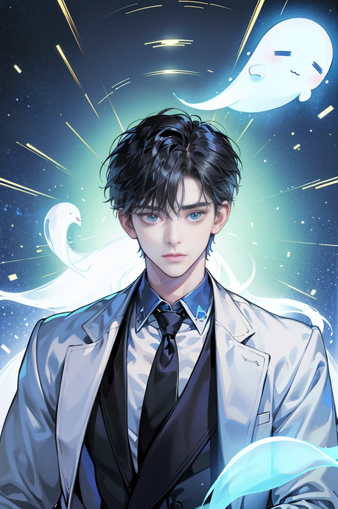 (1 boy, Young male), (An ethereal glowing ghost boy:1.5, Translucent body:1.2), (eyes looking to camera, Sadness Face, black over coat, black suit,necktie), (Body floating in the air:1.2), (Night corridor, dark room), Blue skin, Portrait