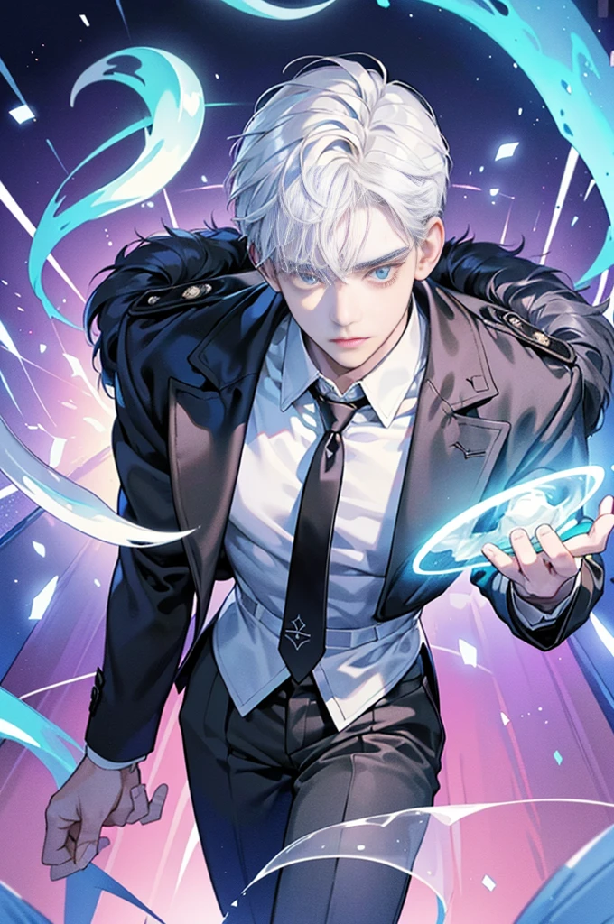 (1 boy, Young male), (An ethereal glowing ghost boy:1.5, Translucent body:1.2), (eyes looking to camera, Sadness Face, black over coat, black suit,necktie), (Body floating in the air:1.2), (Night corridor, dark room), Blue skin, Portrait