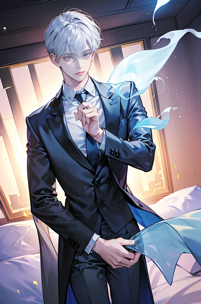 (1 boy, Young male), (An ethereal glowing ghost boy:1.5, Translucent body:1.2), (eyes looking to camera, Sadness Face, black over coat, black suit,necktie), (Body floating in the air:1.2), (Night corridor, dark room), Blue skin, Portrait