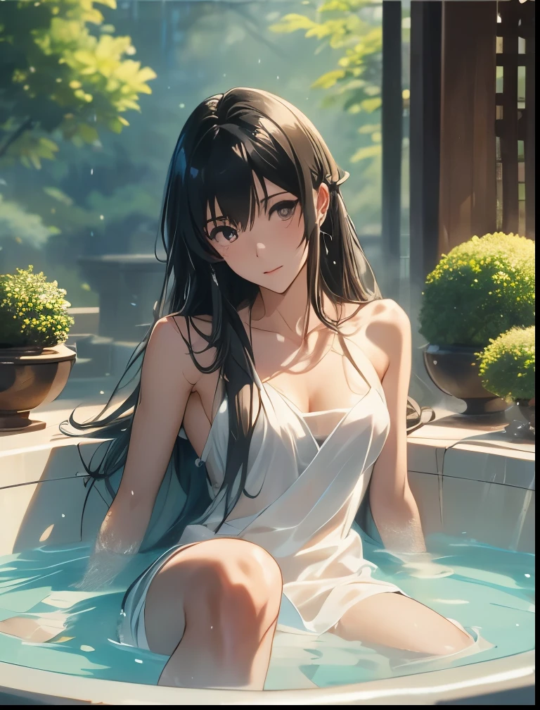 （（（ＳＦＷ、Precision、Highest quality、A first-class masterpiece、Normal body、8k、  Detailed Face 、Ultra-precision、 Normal hand、５refer to、Highest）））、Takanashi Sei、Sei-takanashi 、 “The magic power of a saint is omnipotent"、"The Saint's Magic Power is Omnipotent"、 black hair、 long hair、Beauty、clear、naked nipples wet see-through bath towel、 sexy pose