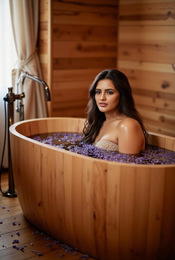 "A indian woman soaking in a large wooden bathtub in a rustic spa-like bathroom. , which is scattered with lavender petals. The warm, earthy tones of the wooden walls and floors complement her glowing skin. The soft ambient lighting creates a calm, sensual mood, while a nearby window lets in a sliver of moonlight