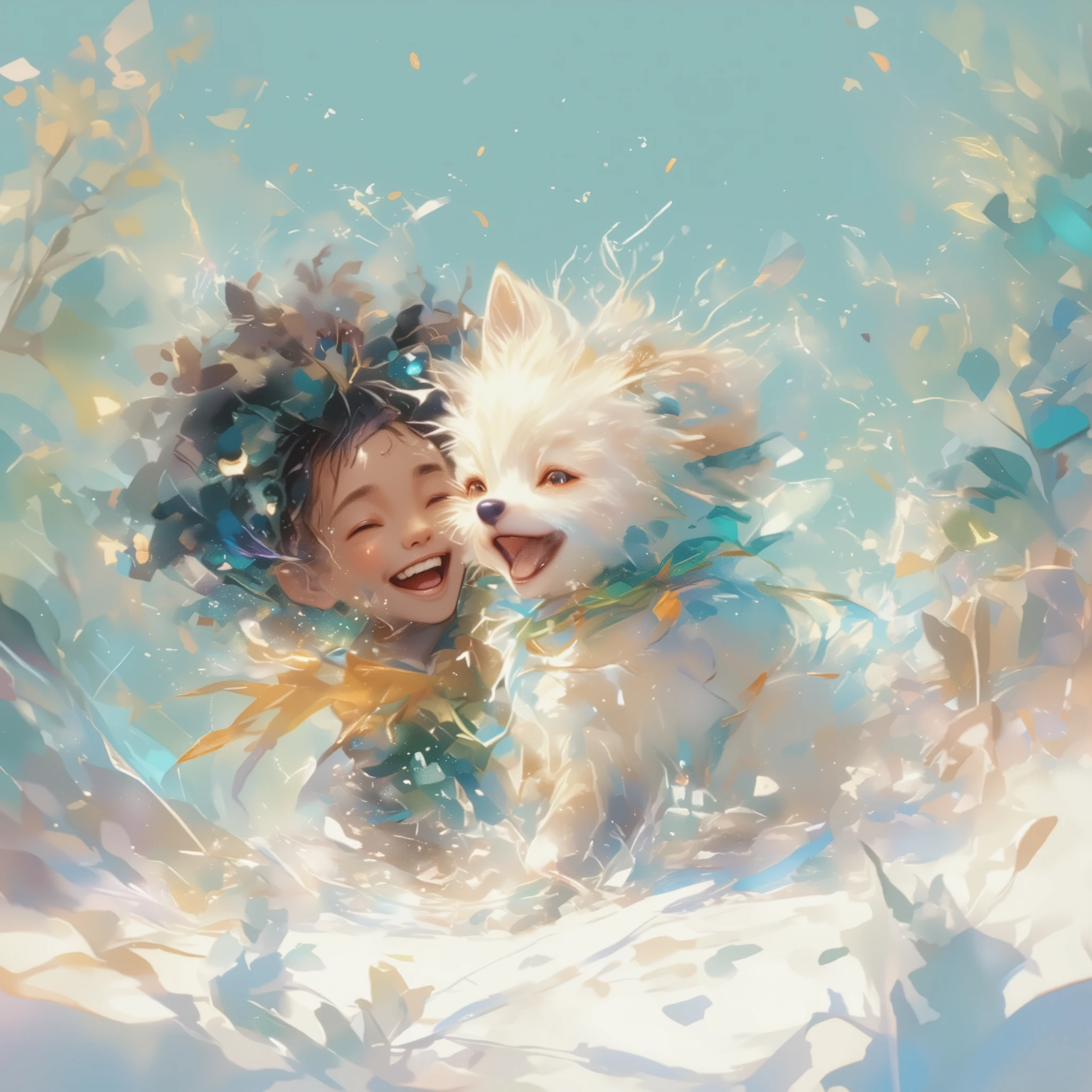{Cute white puppy laughing happily beside a cute black boy who is smiling}, Grunge, depth, Photorealistic, Psychedelic, A peaceful snowy landscape under a pale blue winter sky, delicate snowflakes falling gently,