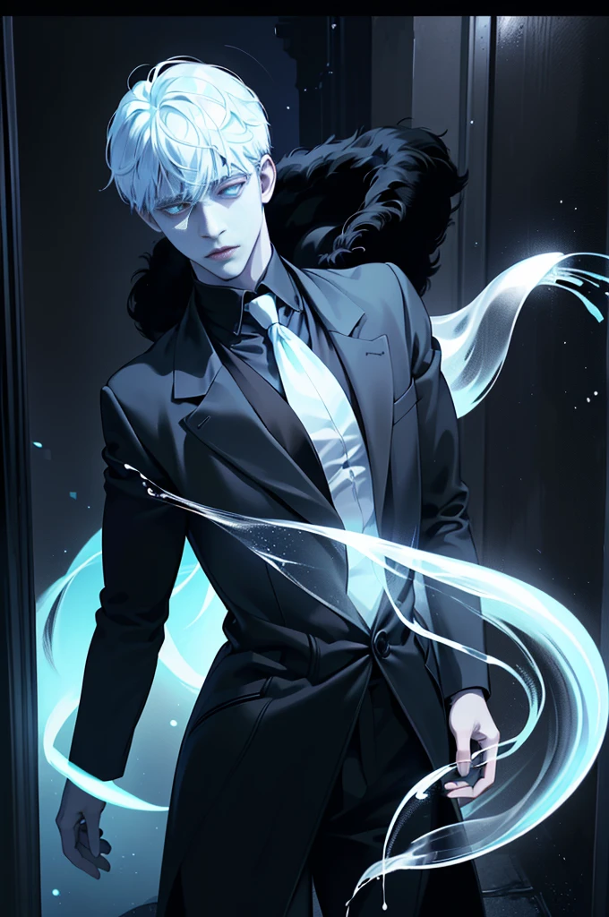 (1 boy, Young male), (An ethereal glowing ghost boy:1.5, Translucent body:1.2), (eyes looking to camera, Sadness Face, black over coat, black suit,necktie), (Body floating in the air:1.2), (Night corridor, dark room), Blue skin, Portrait