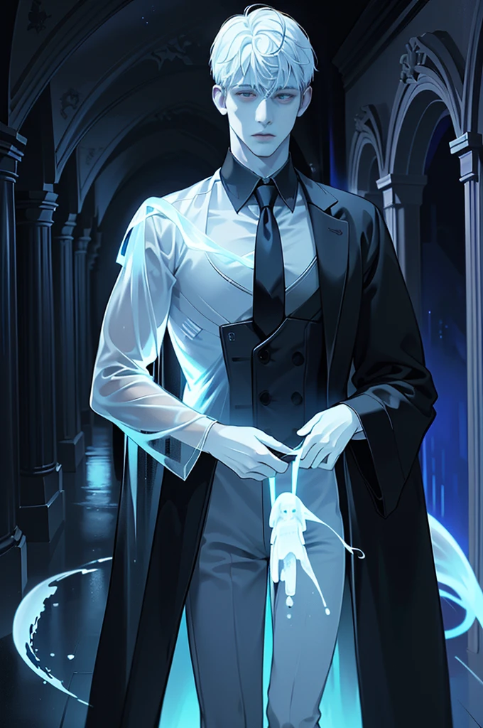 (1 boy, Young male), (An ethereal glowing ghost boy:1.5, Translucent body:1.2), (eyes looking to camera, Sadness Face, black over coat, black suit,necktie), (Body floating in the air:1.2), (Night corridor, dark room), Blue skin, Portrait