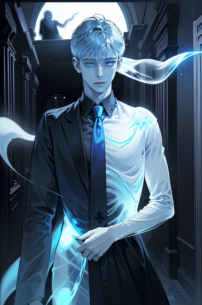 (1 boy, Young male), (An ethereal glowing ghost boy:1.5, Translucent body:1.2), (eyes looking to camera, Sadness Face, black over coat, black suit,necktie), (Body floating in the air:1.2), (Night corridor, dark room), Blue skin, Portrait