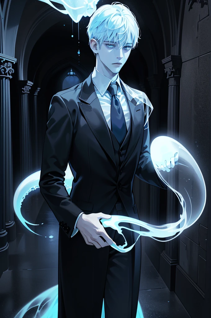 (1 boy, Young male), (An ethereal glowing ghost boy:1.5, Translucent body:1.2), (eyes looking to camera, Sadness Face, black over coat, black suit,necktie), (Body floating in the air:1.2), (Night corridor, dark room), Blue skin, Portrait