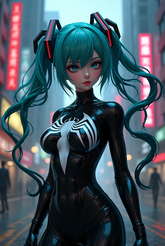 (Beautiful woman detailed defined body using spider man cosplay),((Hatsune Miku)),Bodysuits,Rooftop,Night in the big city,Big body,((Highest quality)),Shiny Costumes、Big Breasts、Nipples、Torn Suit((Covered in scars))