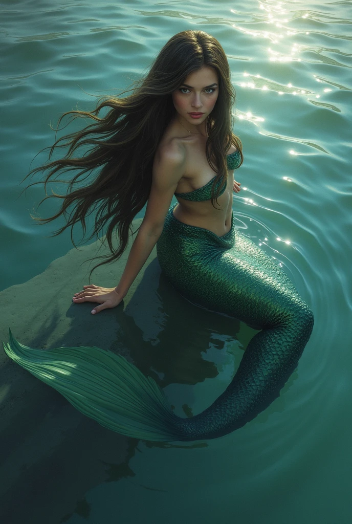 (semirealism drawing:1.2), beautiful woman, tanned skin, sitting at a shallow lake, very long hair, black hair, hair touching the water, pointy ears, stoic expression, image shot from back, a mermaid, her tail is green colored, very detailed tail, tail is splashing the water, bare upper body, very detail face, sharp features face, very detail eyes, different colored eyes, forest in background, glimmering with sunlight, drenched wet.
