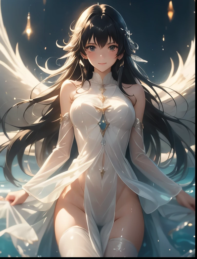 (((SFW、Precision、Highest quality、A first-class masterpiece、Normal body、8k、 Detailed Face 、Ultra-precision、 Normal hand、5refer to、Highest)))、Takanashi Sei、Sei-takanashi 、 “Seijo's magic power is omnipotent"、"The Saint's Magic Power is Omnipotent"、 black hair、 long hair、Beauty、clear、Ultra-thin transparent dress with wet nipples、 Open Legs Sexy Poses That Make the Highlights Go Away、happy, ashamed, blushing, smiling