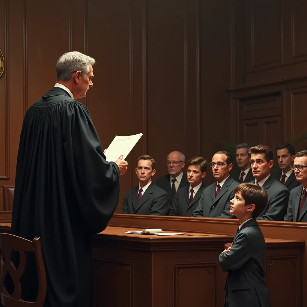 *"A grand hall with high ceilings and intricate wooden details. At the center, a stern-looking judge sits behind a large wooden desk, wearing traditional judicial robes. His expression is serious as he leans slightly forward, questioning the young boy standing before him.
The boy, around , has a medium height, wheatish skin, and short, slightly messy black hair. He stands with a mix of confidence and nervousness, his hands at his sides, as he listens attentively. He wears a simple T-shirt and jeans, emphasizing his humble background.
The hall is dimly lit, with warm light streaming in from tall windows, casting soft shadows that enhance the dramatic atmosphere. The background includes a few onlookers seated in rows, watching the scene with curiosity and anticipation. The semi-realistic art style brings out detailed facial expressions and textures, making the moment feel intense and immersive."*