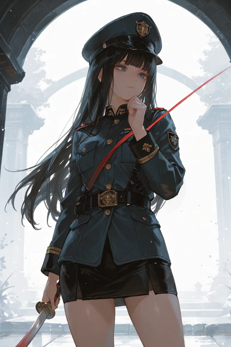 masterpiece, best quality, amazing quality, very aesthetic, absurdres, newest, scenery, Beautiful girl. She is very badass, she wears a very luxurious military uniform, officer cap, detailed image, detailed skin, standing, looking at viewer, blue eyes. White background, light particles, light particles in background, black hair, long hair, hime_cut, front view, hand up, stoic eyes, stoic face, holding katana, badass posemasterpiece, best quality, amazing quality, very aesthetic, absurdres, newest, scenery, Beautiful girl. She is very badass, she wears a very luxurious military uniform, officer cap, detailed image, detailed skin, standing, looking at viewer, blue eyes. White background, light particles, light particles in background, black hair, long hair, hime_cut, front view, hand up, stoic eyes, stoic face, holding katana, attacking, the kanata has a red trail in its wake, badass pose, skirt
