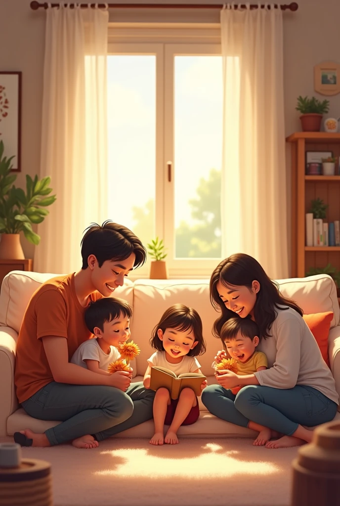 a 2 chinese woman and a 2 filipino man, telling stories of their past to their 3 kids