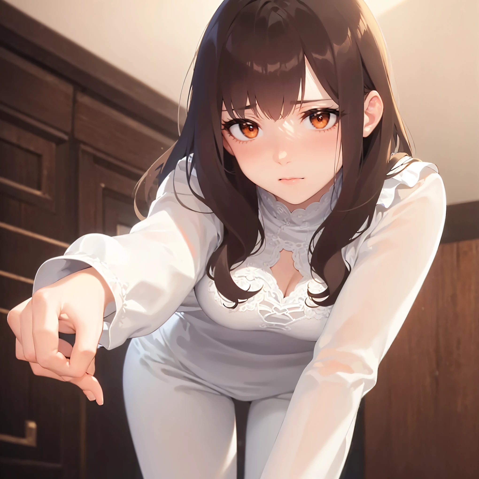 anime girl with white dress and white bunny hat, estilo de arte anime moe, the anime girl is squatting, garota de cabelo preto usando moletom, pose de anime, Guweiz on pixiv artstation, Guweiz, linda garota de anime, visual de anime de uma linda garota, com dedo indicador, Guweiz on artstation pixiv, 