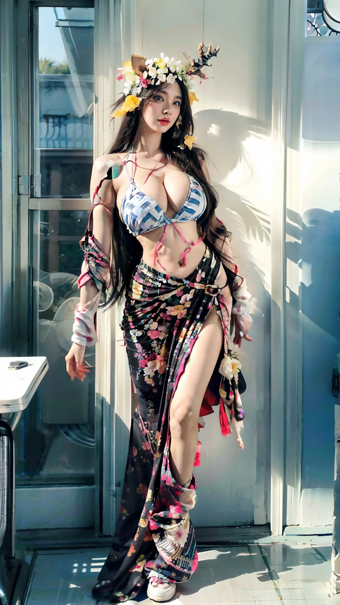 realistic, 1girls, best quality, 12k, HD, long hair, big round breasts, cleavage, ponytail, necklace, jewelry, shorts, short jacket, slim hips, hair tie, yellow eyes, black hair, super detailed, Detail eyes, hair details, person details, mouth details, face details, breast details, clothes details, hair details, pants details, hand details, whole body