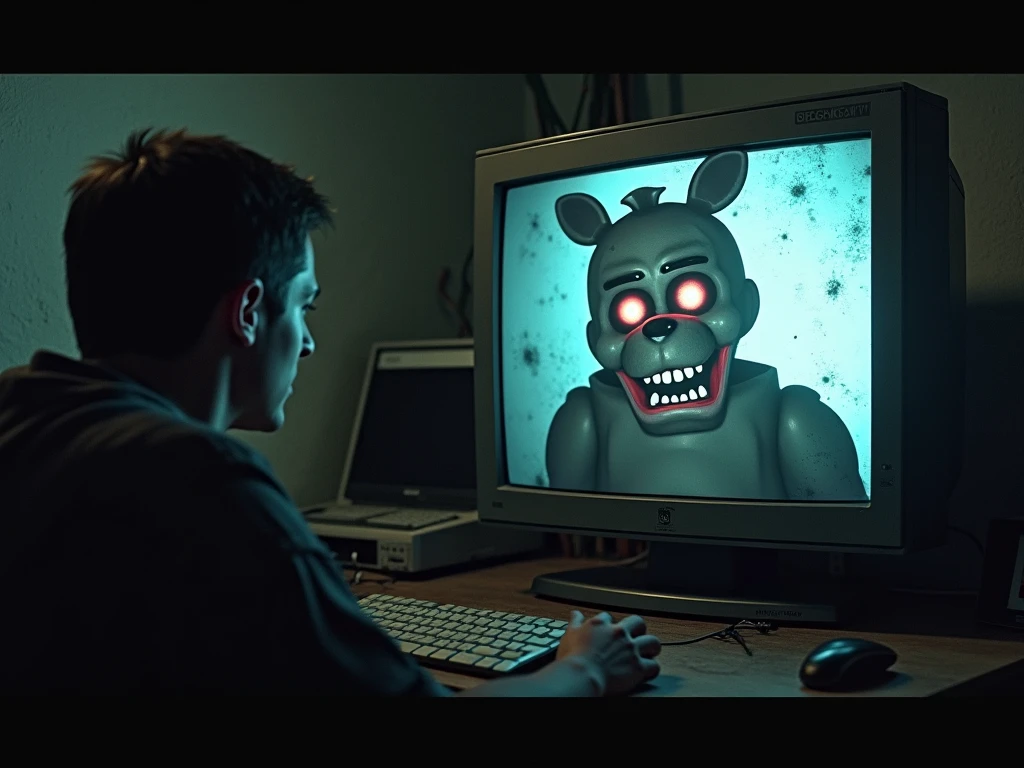 An unmasked rat woman playing Dead By Daylight on a gaming computer, realistic styling