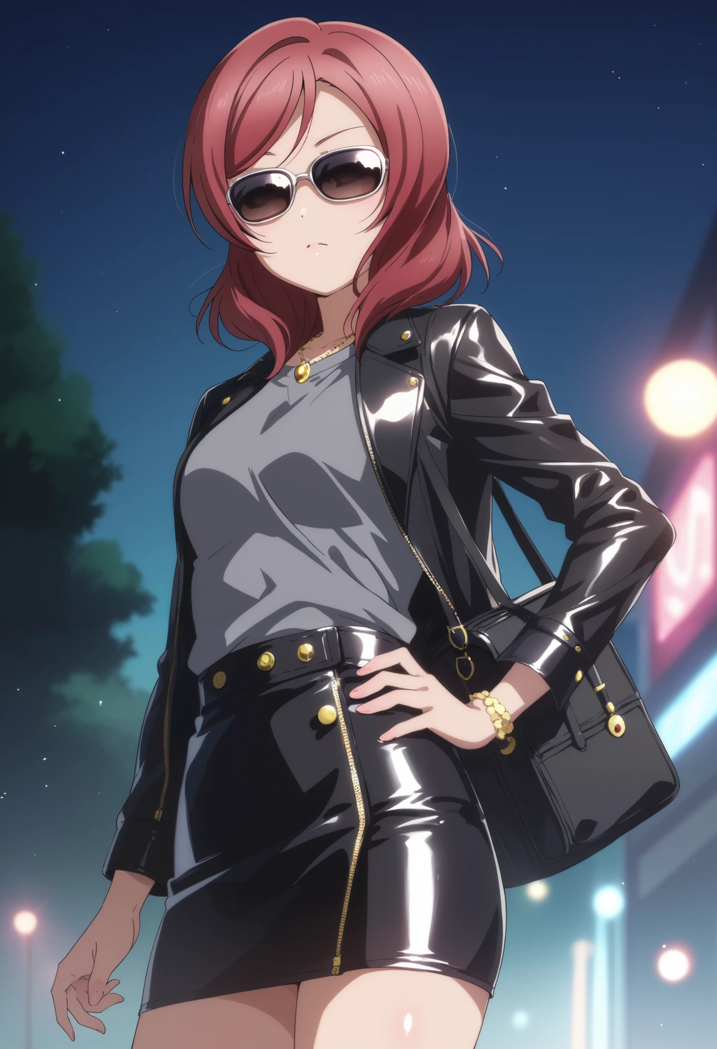 Nishikino maki, covered eyes, love live , (midriff:0.5), detailed body, shiny skin , standing , black leather jacket over a dark grey shirt, latex skirt, sunglasses, night  ,p4l0m4,one hand on hip,red hair,anime, love live, luxurious arm bag