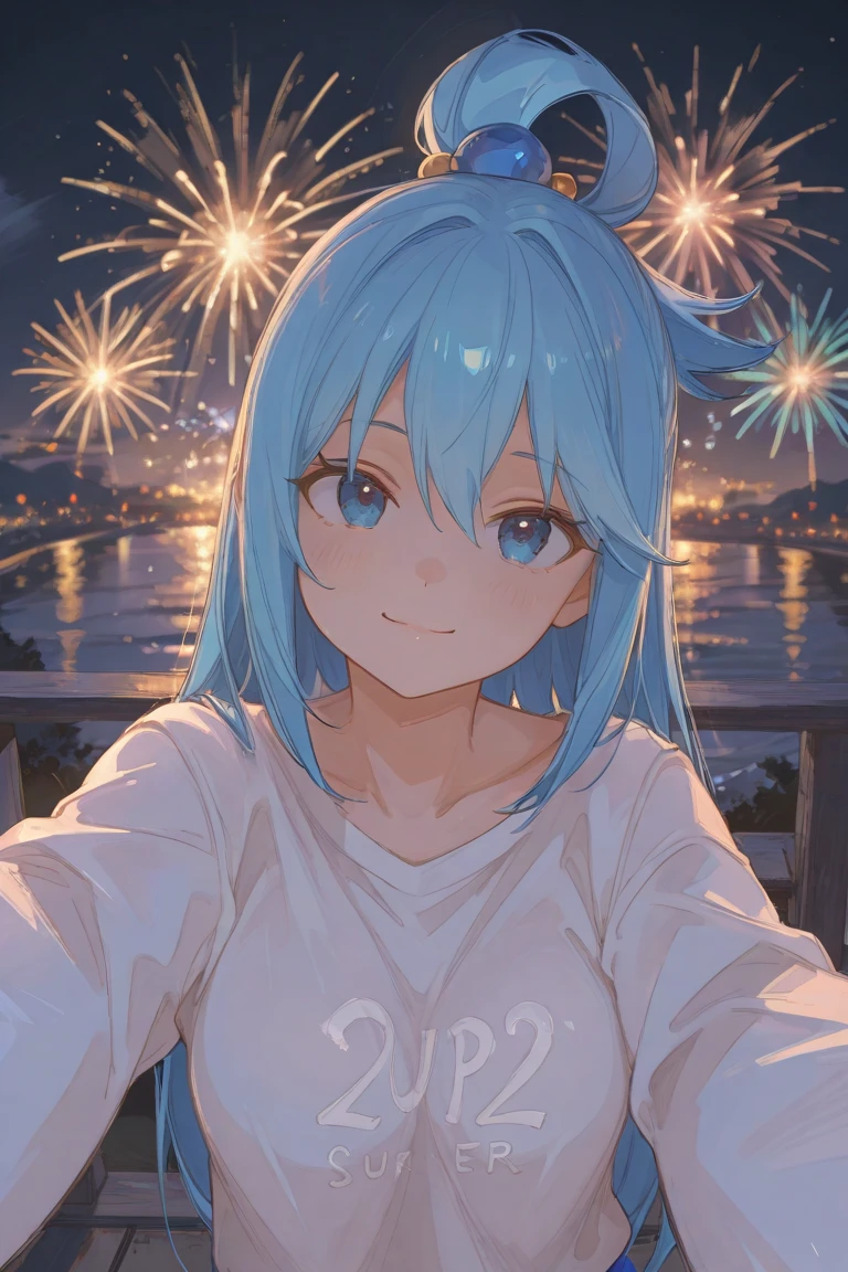 masterpiece,best quality,amazing quality,very aesthetic,high resolution,ultra-detailed,absurdres,newest. 1girl, Aqua/(Konosuba/), New Year fireworks scenery, night, (((Selfie)))
