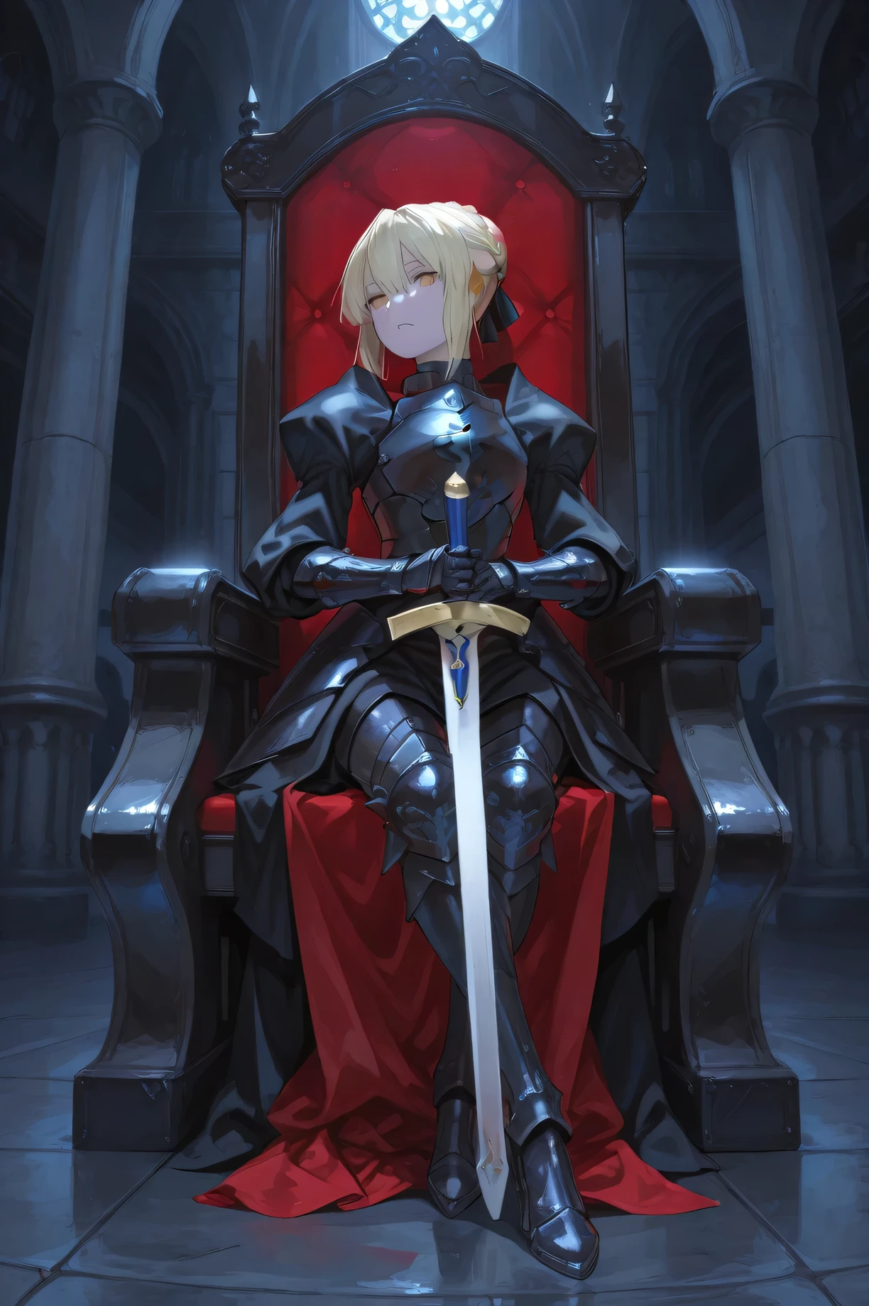 
masterpiece, best quality, incredible quality, very aesthetic, absurd, newest, scenery, 1 girl, solo, ((perfec face)), alter saber, artoria pendragon (fate), blonde hair, yellow eyes, (armor ), French braid, braided bun, simple bun, short hair, side locks, pale skin, high collar, black dress, black armor, cuirass, armored dress, Juliet sleeves, sleeves long, clawed gauntlets, faulds, long dress, dark, sitting on a throne, legs crossed, metal boots, full body, looking at viewer, shiny skin, masterpiece, best quality, incredible quality, very aesthetic, absurd , newest, scenery, 1girl armored armor_dress artoria_pendragon_(all) artoria_pendragon_(fate) blue_skin colored_skin legs crossed dress excalibur_morgan_(fate) fate/stay night fate_(series) female_focus saber_(fate) saber_alter sakuragi_hiroyuki sitting alone sword weapon, (((perfec anatomy))), ((from below)), perfec legs
