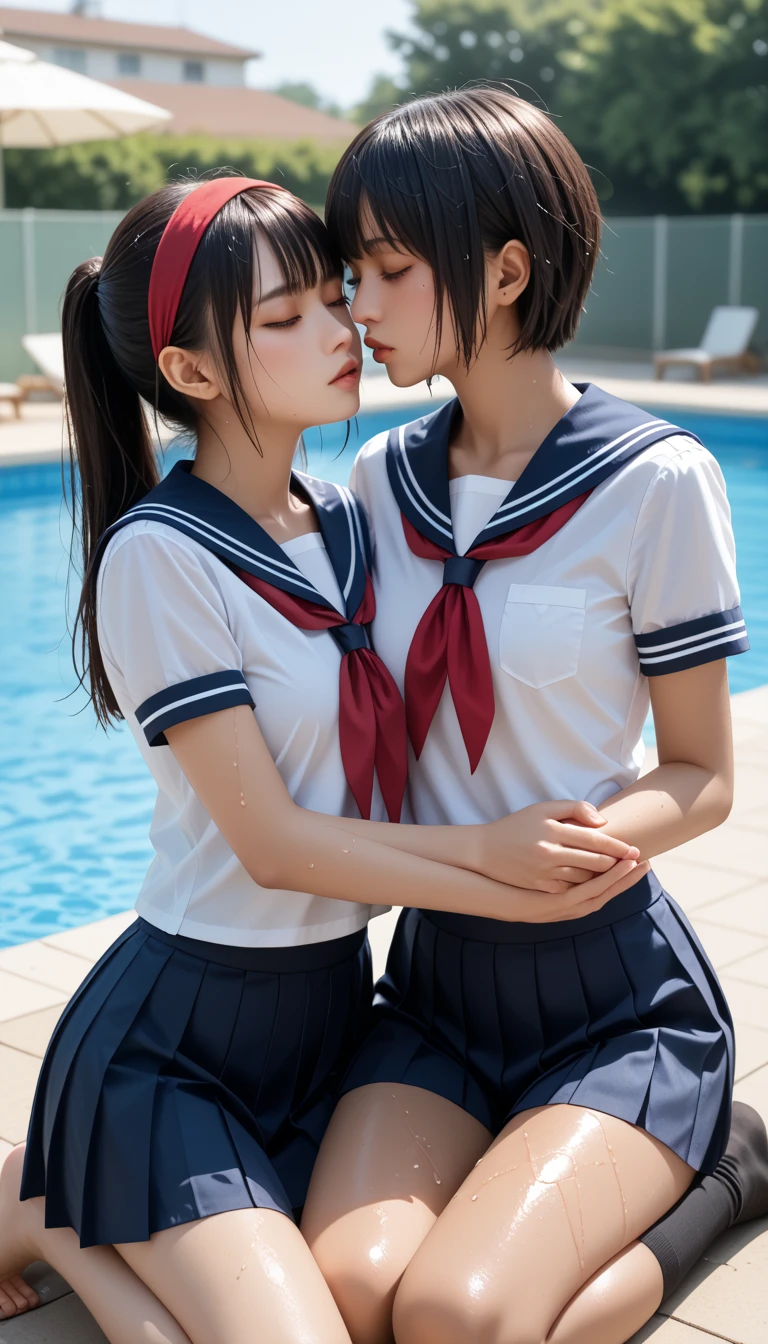 Two Japanese female middle school students who got wet、 cute、masterpiece 、  top quality  、 Super high resolution、 realistic、 beautiful lighting arranged in an orderly manner、  RAW photos 、4K Ultra HD、  super detailed face、Clear Face、Detailed eye、((Kind eyes、(Gaze sideways))、1080P、 tan dark skin 、 black hair,   wet hair、 short bob cut , bangs、 Ponytail、 horny 、 young gravure idol who lost weight、((( small chest with tension、Separated Breasts 、 tight breasts)))、((( 2 female middle school students who love each other 、 Two Female Middle School Students Kissing With Their Eyes Closed、Two Female Middle School Students Touching Their Breasts )))、((( wet hair )))、(( blue sky、small outdoor pool 、 blur background))、(((Wet Japanese Female Middle School Student 、 red headband、 white gloves、sailor cuffs、 navy sailor color 、 wet pleated skirt 、 black knee socks、Wear black shorts)))、 Japanese Female Middle School Students Wearing Wet School Uniforms、(( sitting criss-cross applesauce、Criss cross applesauce、sitting cross-legged on the floor))、(( poolside、 full body shot ))、 ((( EXTREME FACE UP SHOT )))、( perfect anatomy)、 break ((Upper eyelid))、(((Fluttering skirt)))、 thin beautiful thighs 、 beautifully manicured hair 、 oily skin 、Five fingers、2 legs each 